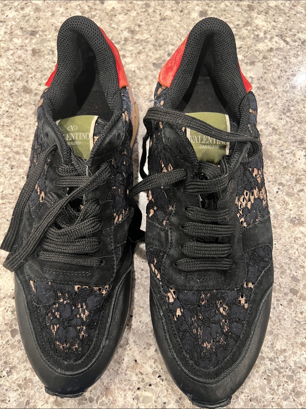 Valentino Garavani Black Lace Low-Top Sneakers with Red Heel Tab size 40